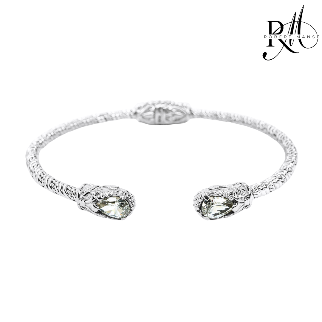 Bali RoManse White Sapphire Sterling Silver Hinged Cuff Bracelet