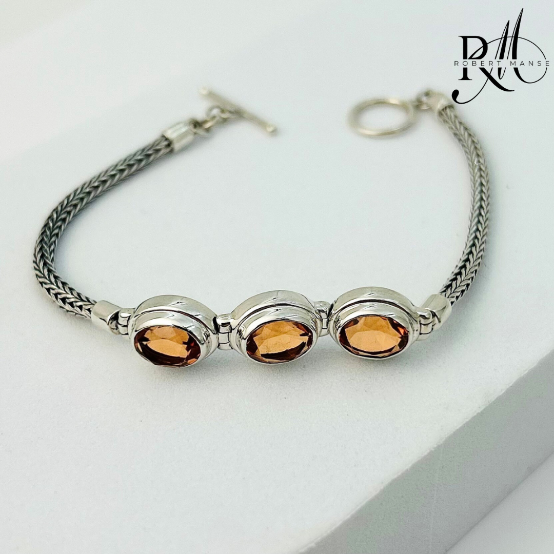 Gem RoManse Triple Stone Sterling Silver Foxtail Toggle Bracelet