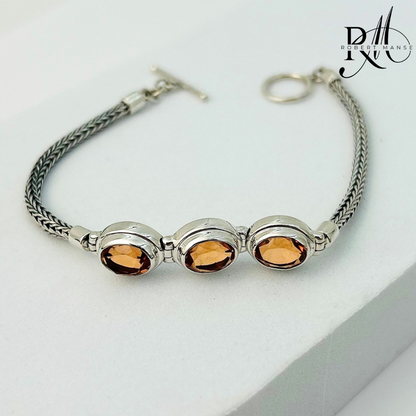 Gem RoManse Triple Stone Sterling Silver Foxtail Toggle Bracelet