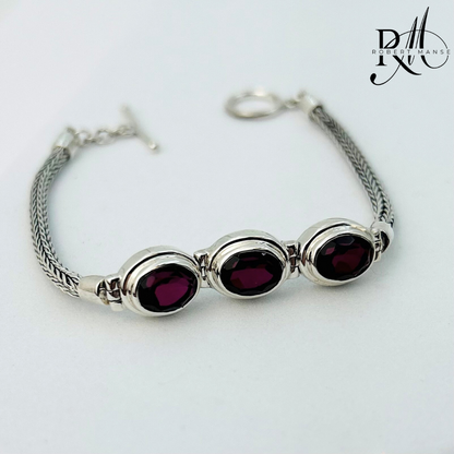 Gem RoManse Triple Stone Sterling Silver Foxtail Toggle Bracelet