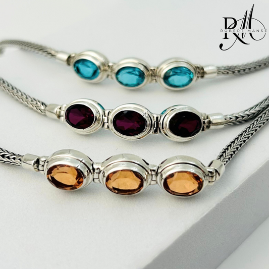 Gem RoManse Triple Stone Sterling Silver Foxtail Toggle Bracelet