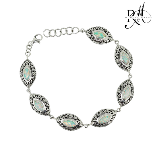 Bali RoManse Lab Opal Marquise Station Sterling Silver Bracelet