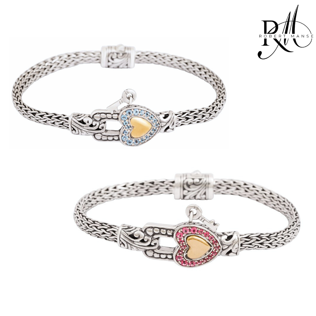 Bali RoManse Heart Lock & Key Gemstone & Two-Tone Bracelet