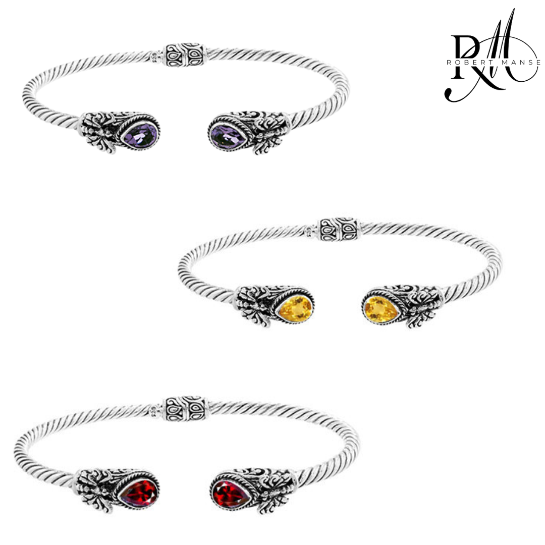 Bali RoManse Gemstones & Butterfly Sterling Silver Hinged Cuff Bracelet