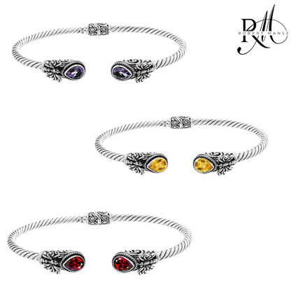 Bali RoManse Gemstones & Butterfly Sterling Silver Hinged Cuff Bracelet
