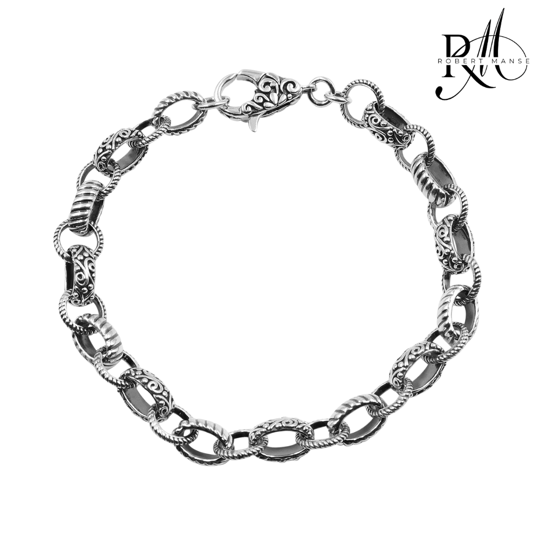Gem RoManse Chunky Scrollwork Link Sterling Silver Bracelet