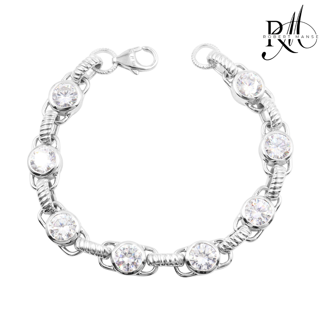 CZ RoManse Chunky Station Rhodium Plated Sterling Silver Bracelet