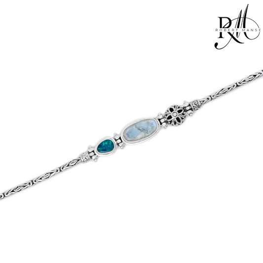 Bali RoManse Moonstone & Lab Opal Byzantine Sterling Silver Bracelet