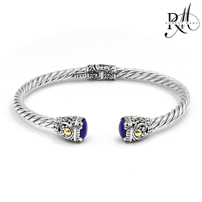 Bali RoManse Lapis Lazuli Twisted Cable Sterling Silver Hinged Cuff Bracelet