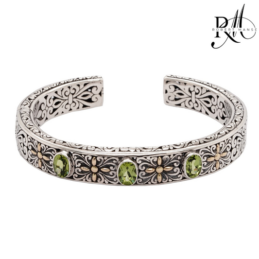 Bali RoManse Triple Peridot Two-Tone Hinged Cuff Bracelet