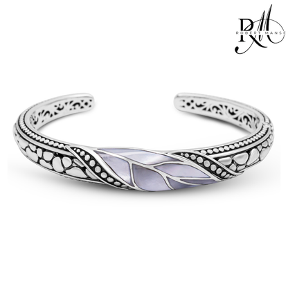 Bali RoManse Mother of Pearl Leaf & River Rock Sterling Silver Hinged Cuff Bracelet