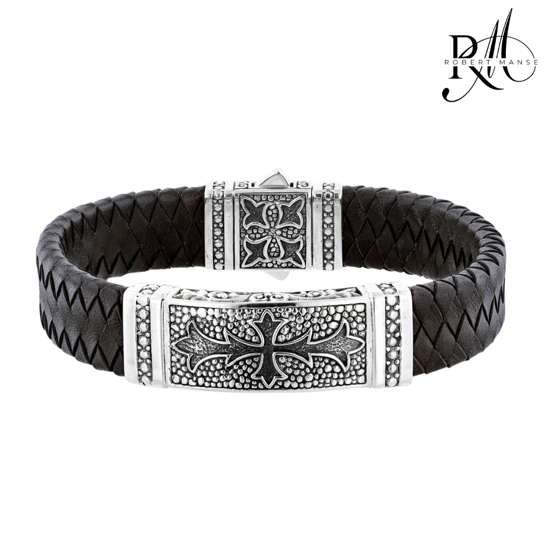 BroManse Tribal Cross Sterling Silver & Leather Bracelet