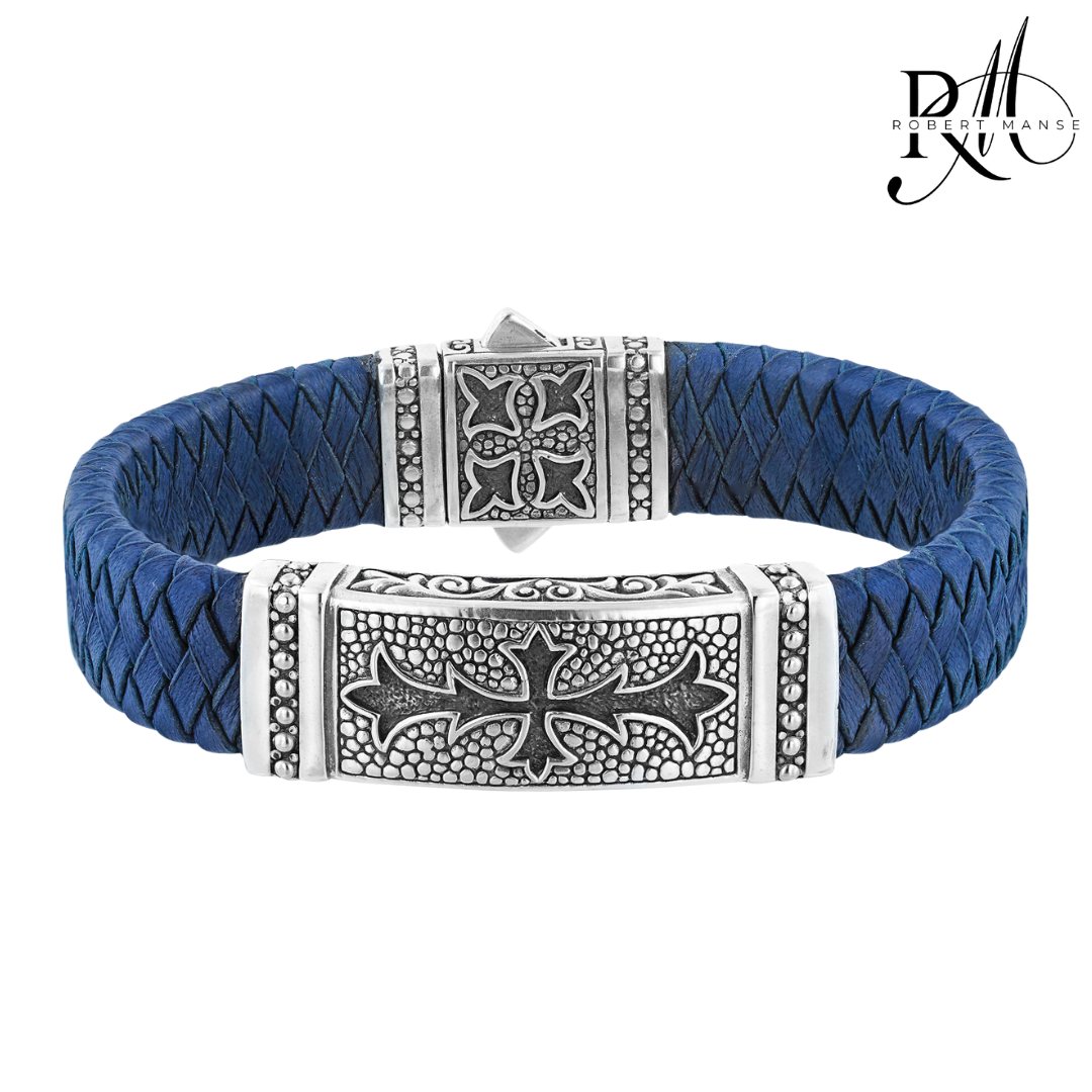 BroManse Tribal Cross Sterling Silver & Leather Bracelet