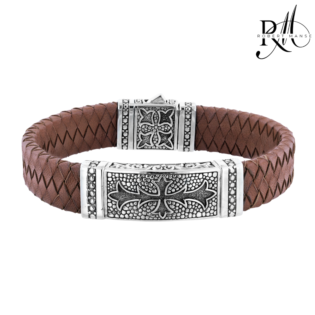 BroManse Tribal Cross Sterling Silver & Leather Bracelet