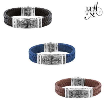 BroManse Tribal Cross Sterling Silver & Leather Bracelet