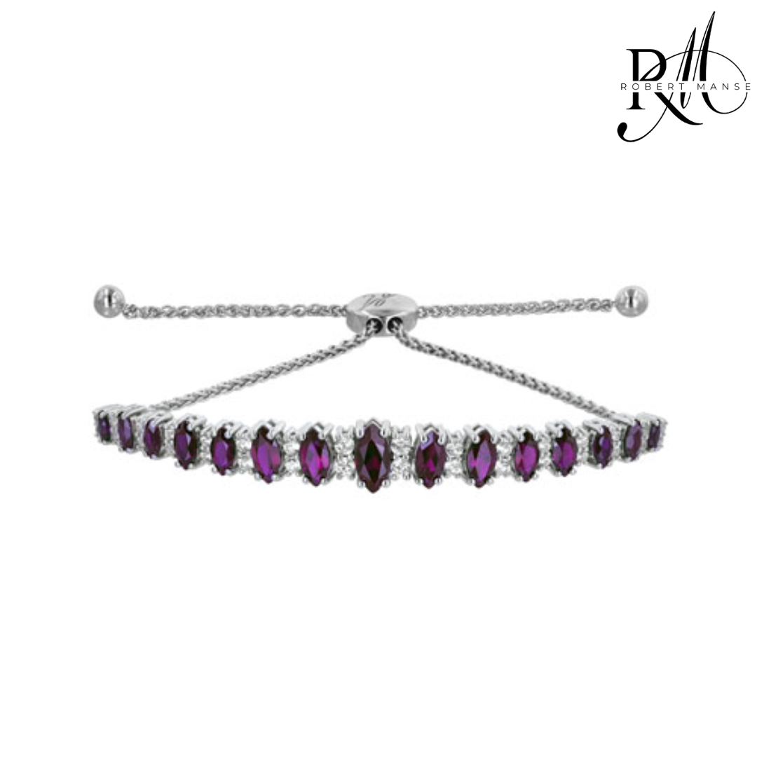 Silver bracelet with purple gemstones on a white background