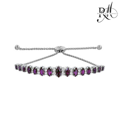 Silver bracelet with purple gemstones on a white background