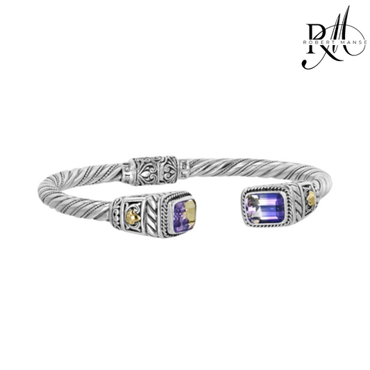 Bali RoManse Ametrine Sterling Silver with 18k Gold Accents Cable Cuff Bracelet