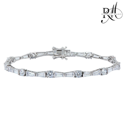 CZ RoManse Tapered Baguette Rhodium Plated Sterling Silver Tennis Bracelet