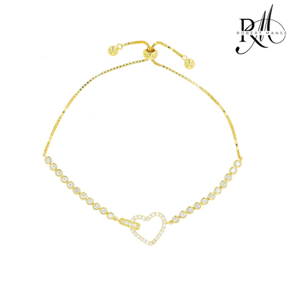 CZ RoManse Heart Charm Adjustable Sterling Silver Bracelet