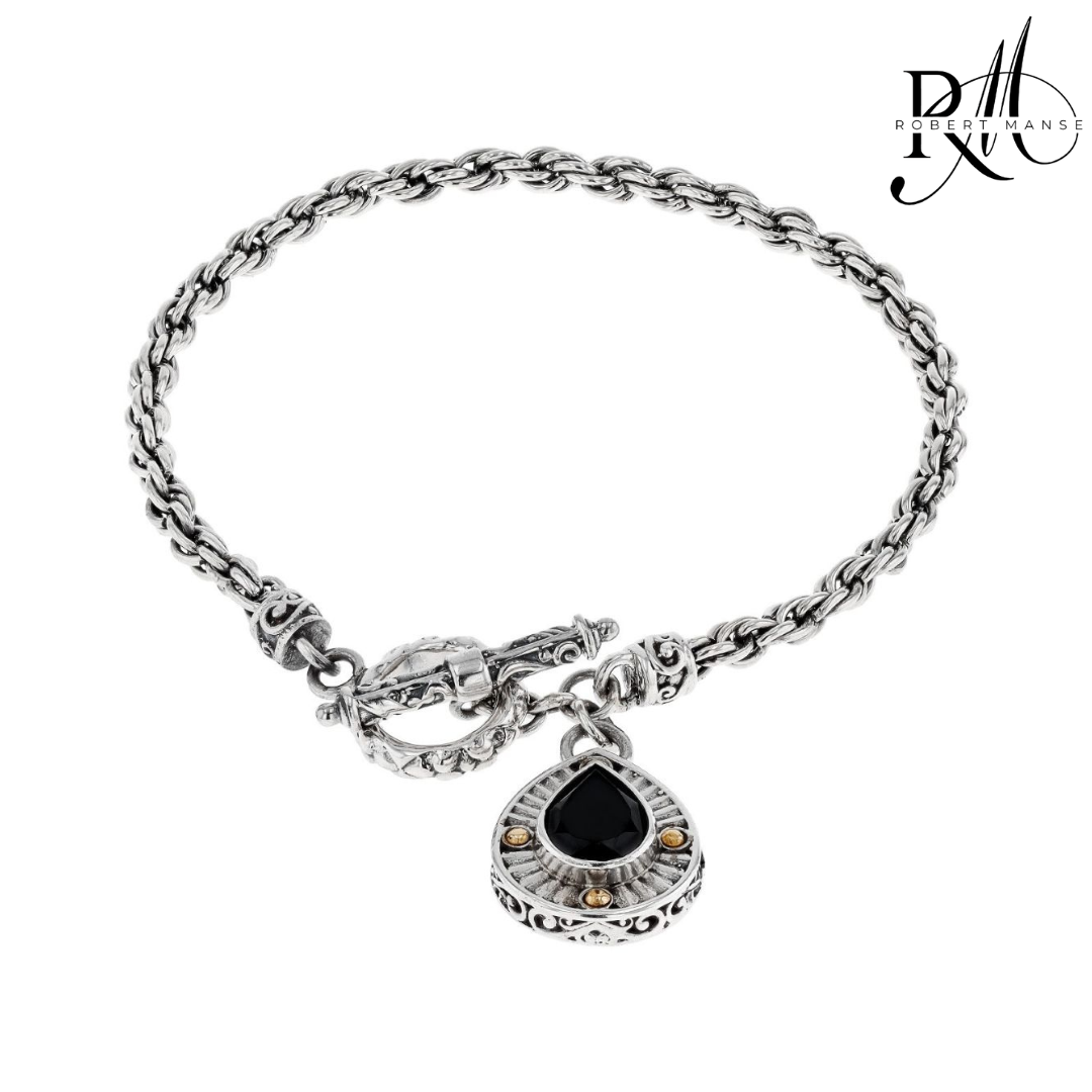 Bali RoManse Black Spinel Twisted Rope Sterling Silver Charm Bracelet