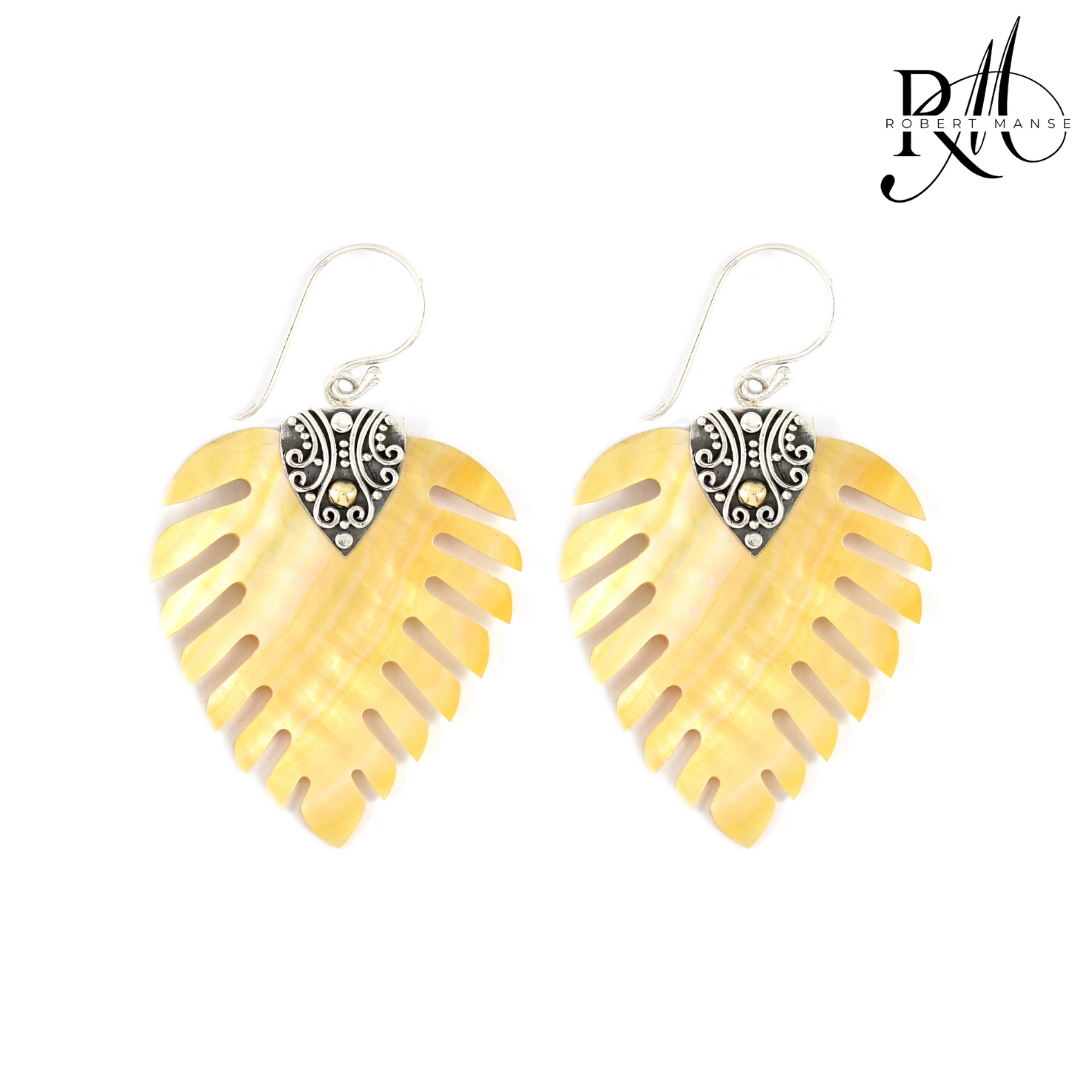 Bali RoManse Mother of Pearl Monstera Leaf Sterling Silver Earrings