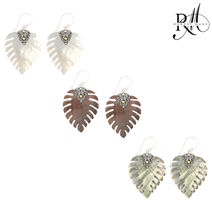 Bali RoManse Mother of Pearl Monstera Leaf Sterling Silver Earrings