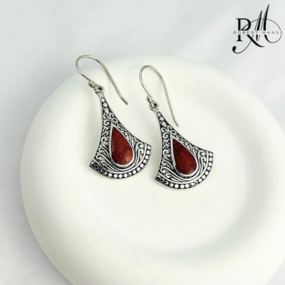 Bali RoManse Red Coral & Sterling Silver Fan Dangle Earrings