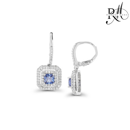 CZ RoManse Double Halo Square Drop Leverback Earrings
