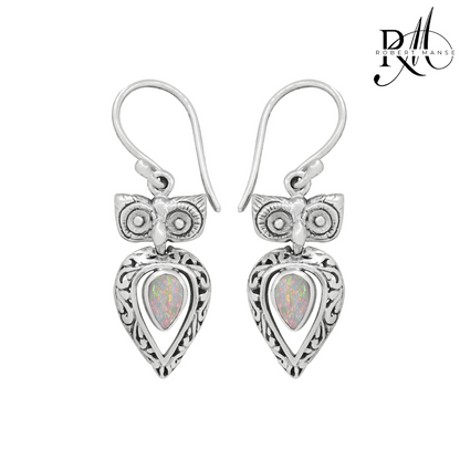 Bali RoManse Created Opal Owl Motif Sterling Silver Dangle Earrings