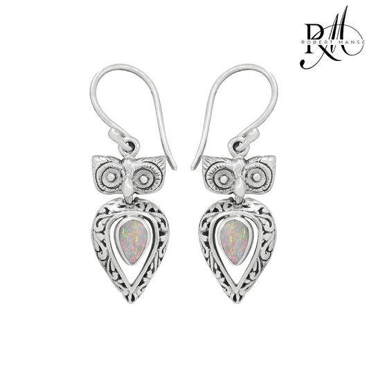 Bali RoManse Created Opal Owl Motif Sterling Silver Dangle Earrings
