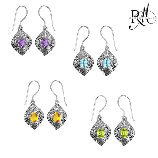 Bali RoManse Oval Gemstone Sterling Silver Dangle Earrings