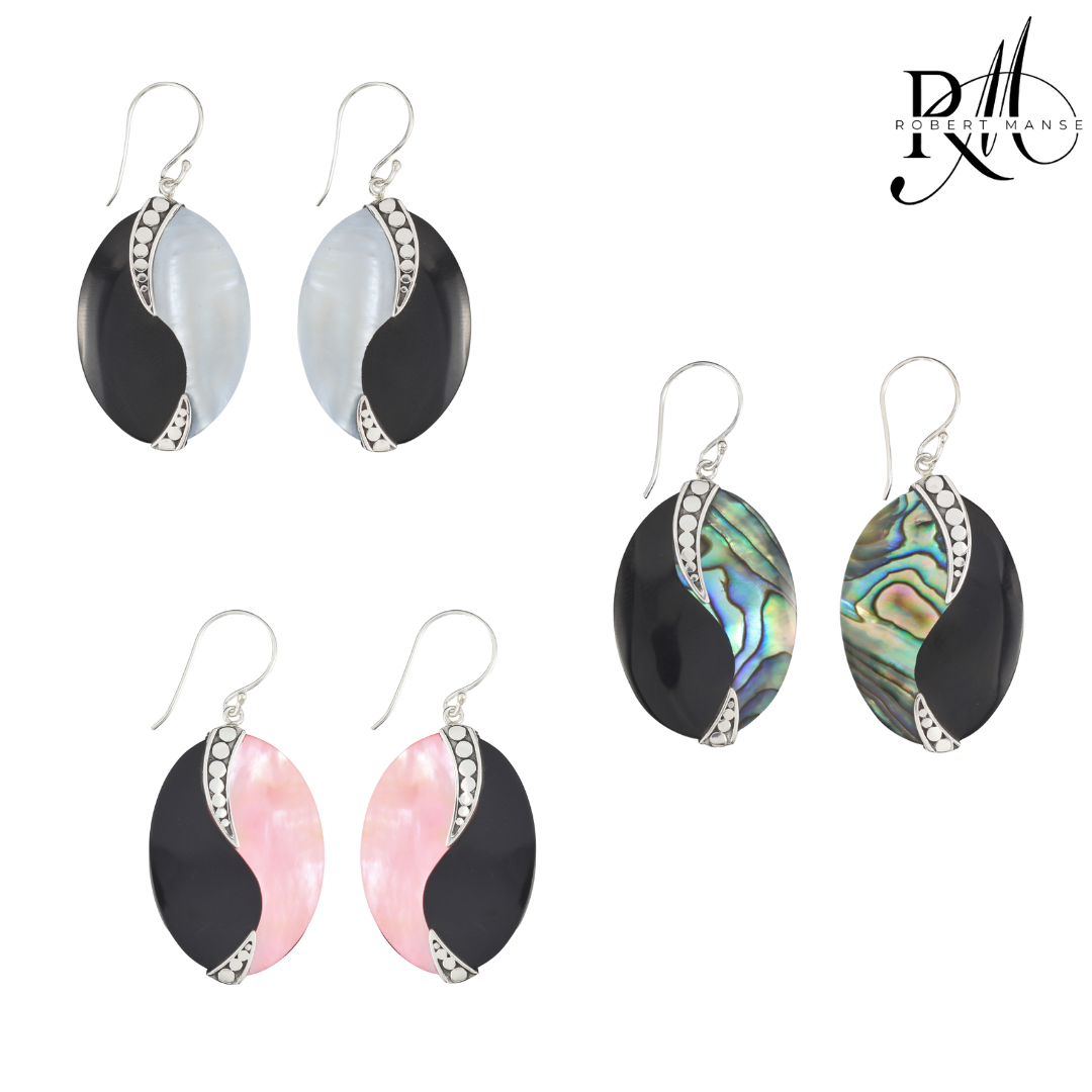 Set of earrings with black, pink, and abalone shell designs on a white background.