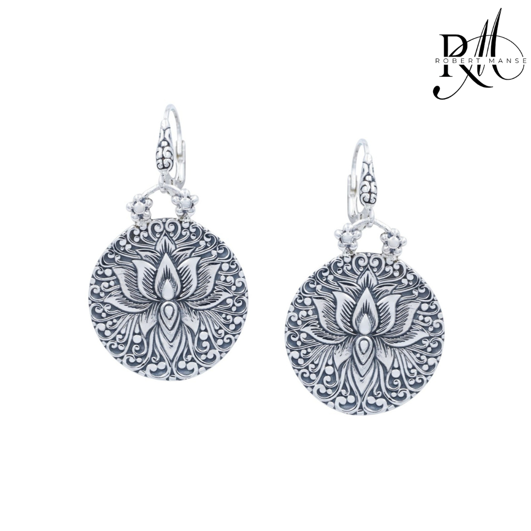 Bali RoManse Lotus Flower Medallion Sterling Silver Leverback Earrings