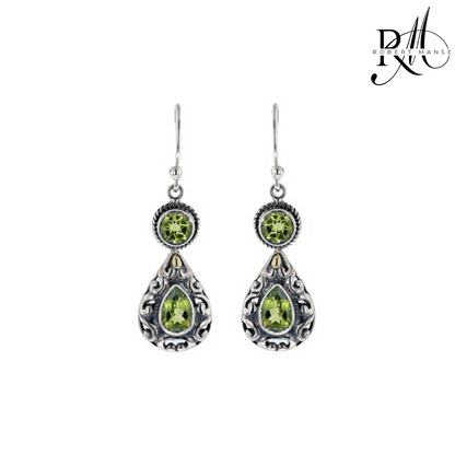 Bali RoManse Double Peridot & Sterling Silver Scrollwork Dangle Earrings