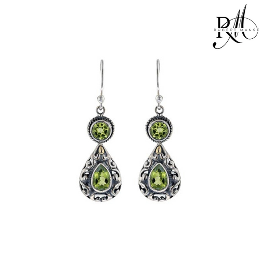 Bali RoManse Double Peridot & Sterling Silver Scrollwork Dangle Earrings