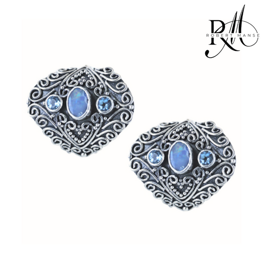 Bali RoManse Lab Created Opal & Blue Topaz Curved Sterling Silver Earrings