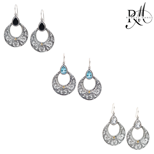 Bali RoManse Gemstone Scrollwork Sterling Silver Earrings with 18k Gold Accents