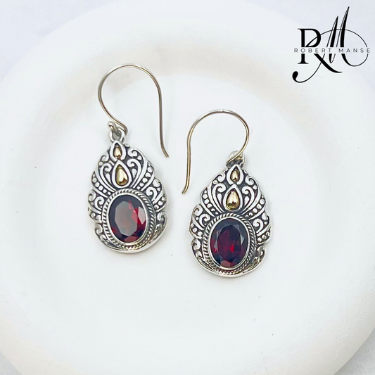 Bali RoManse Garnet Sterling Silver Dangle Earrings with 18K Gold Accents