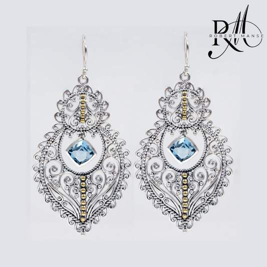 Gem RoManse Filigree Scrollwork Sterling Silver & 18k Gold Chandelier Earrings