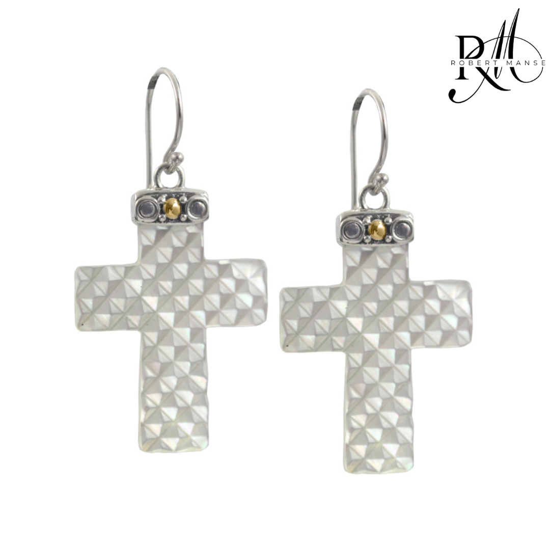 Bali RoManse Mother of Pearl Hand-Carved Cross Sterling Silver Earrings