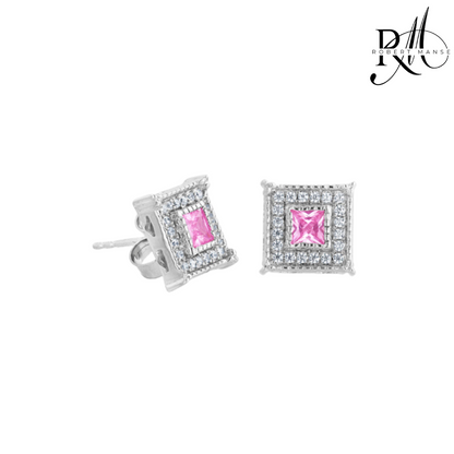 CZ RoManse Pink & White Square Rhodium Plated Sterling Silver Earrings