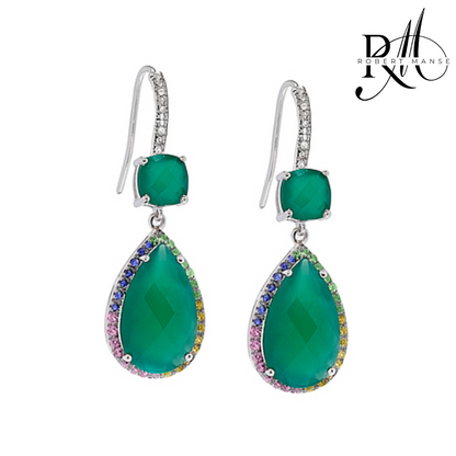Gem RoManse Green Chalcedony & Multi-Sapphire Rhodium Silver Drop Earrings