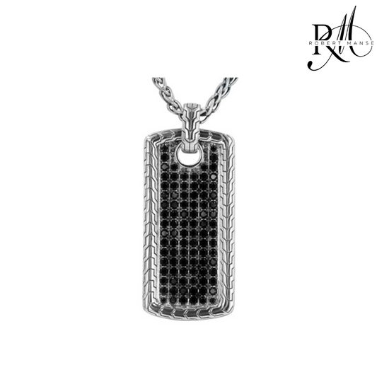 BroManse Black Spinel Pavé Dog Tag Sterling Silver Necklace