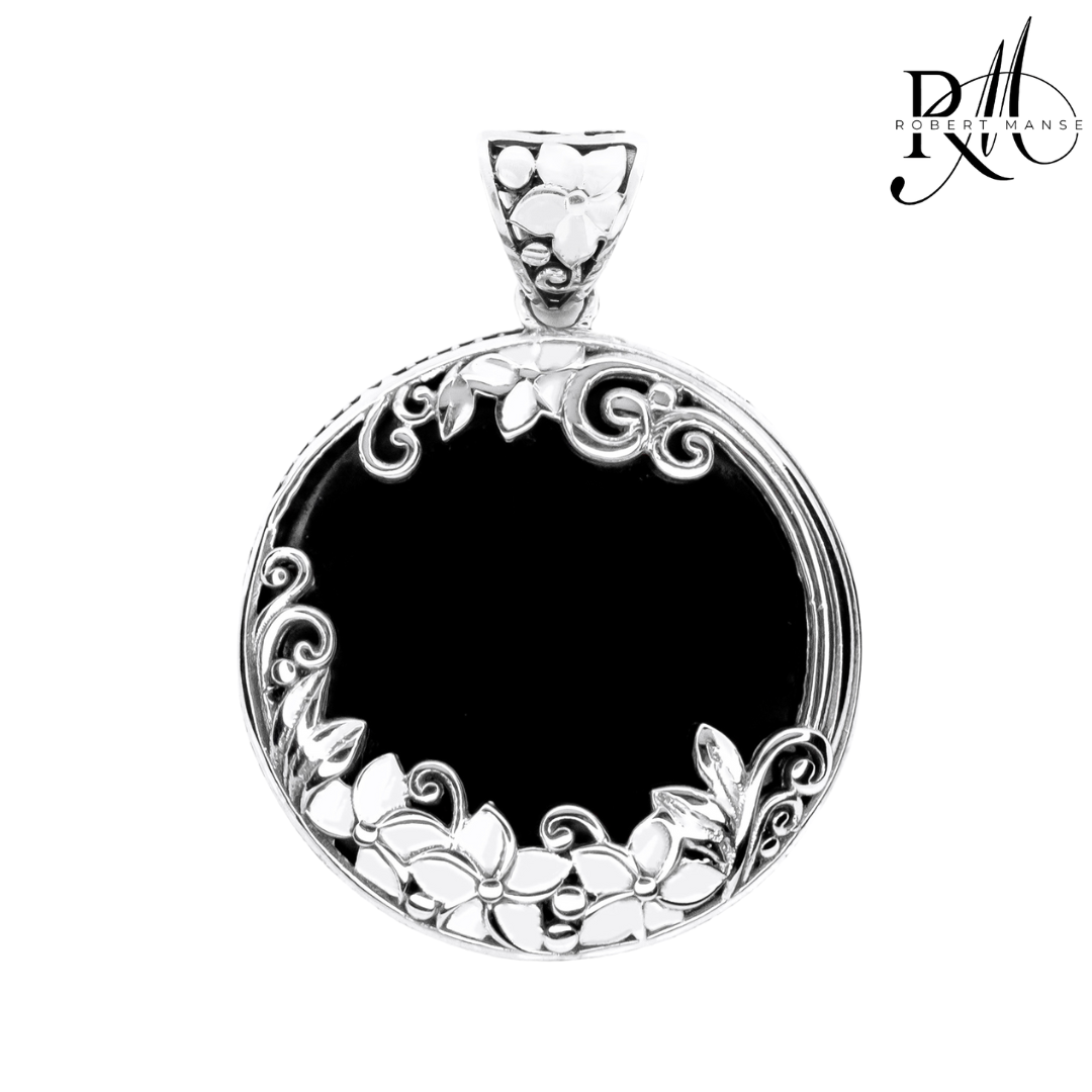 Bali RoManse Black Shell & Floral Medallion Sterling SIlver Pendant