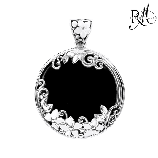 Bali RoManse Black Shell & Floral Medallion Sterling SIlver Pendant