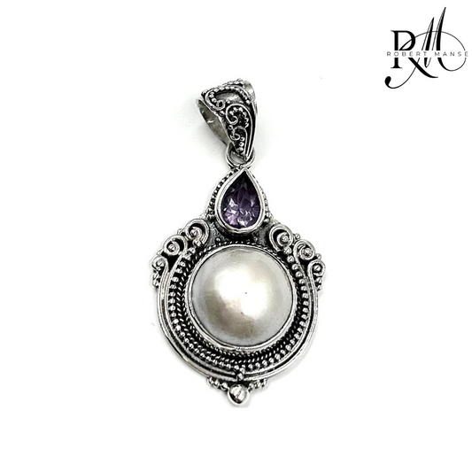 Bali RoManse Mabe Pearl & Amethyst Sterling Silver Scrollwork Pendant