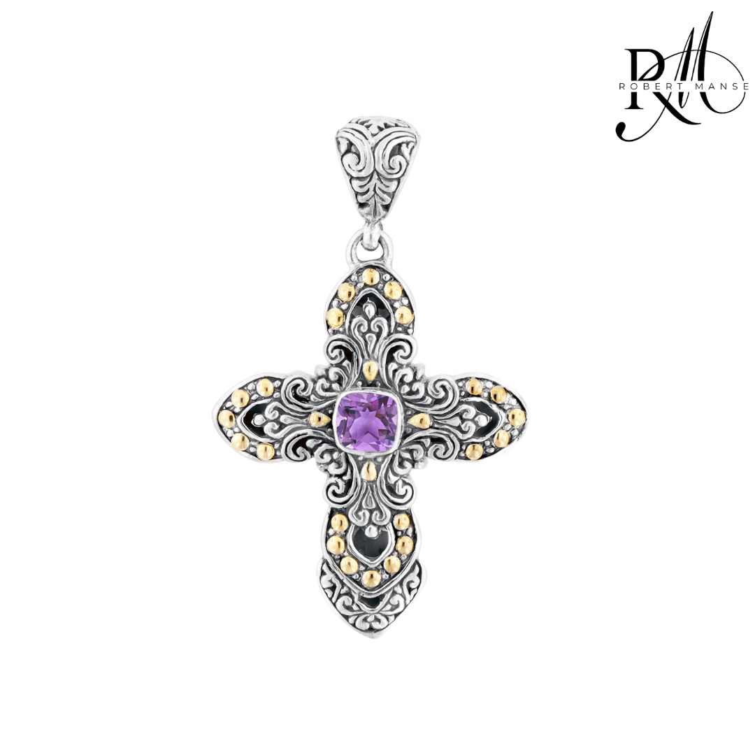 Bali RoManse Gemstone & Two-Tone Scrollwork Cross Pendant