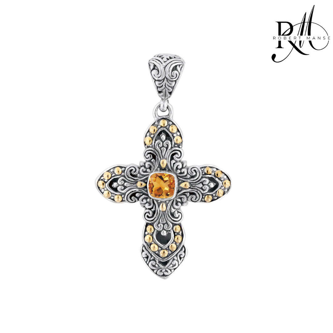 Bali RoManse Gemstone & Two-Tone Scrollwork Cross Pendant
