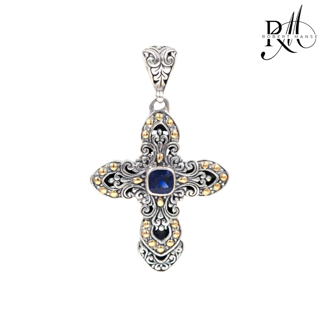 Bali RoManse Gemstone & Two-Tone Scrollwork Cross Pendant